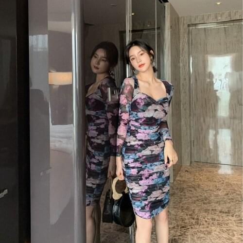 2020 Women Long Sleeve Square Collar Mesh Dress Autumn Vintage Bandage Print Draped Dress Vintage Sexy Party Dresses Vestidos