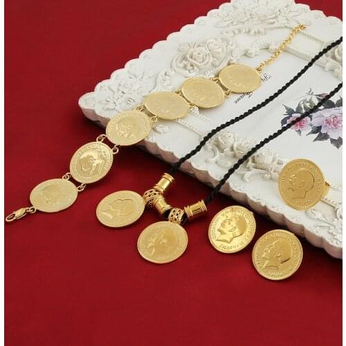Gold Coin Ethiopian Afican Necklace Pendant Bracelet Turkey Mexico Coin Necklaces Gold Color Middle East Jewelry