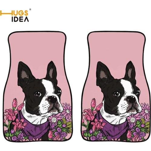 2Pcs Boston Terrier Print Car Mats Cartoon Animal Floral Automotive Interior Carpets Car Floor Non-slip Rugs Pug Dog SUV Decor