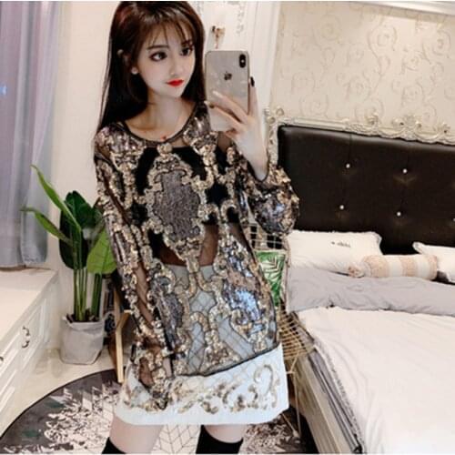 2021 New Arrival Women O Neck Beaded Sequins Sexy Nightclub Blouses Fashion Pullovers Long Sleeve Mesh Perspective T Shirt Tops