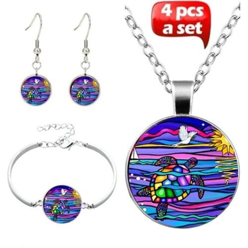 4Pcs/Set Colorful Sea turtle Art Photo Cabochon Glass Jewelry Set Fashion Necklace Bracelet Earring Jewelry Sets for Women Gifts