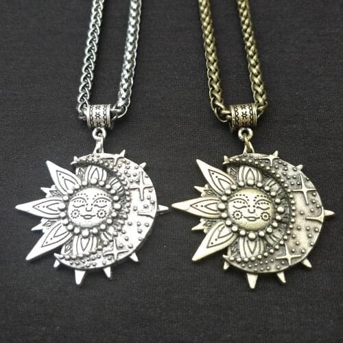 Antuqing Wicca Sun Moon Star Amulet Solar Luna Wicca Pagan Spiritual Ancient Jewelry Bohemian Necklace Ouija Pendan Dropshipping