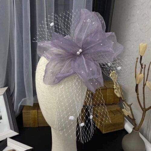 Light Luxury Silk Elegant Purple Flowers face veil headdress French style Bridal Headdress Hairclip bride Hair Accessories