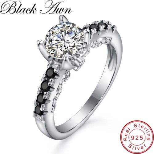 [BLACK AWN] Vintage Round Wedding Rings for Women 925 Sterling Silver Jewelry Black Spinel Finger Ring Bague C255