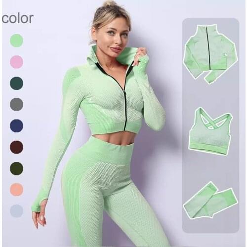 2/3PCS Seamless Women Yoga Set Workout Sportswear Gym Clothing Fitness Long Sleeve Crop Top High Waist Leggings Sports Suits
