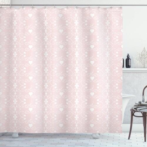 Pink and White Shower Curtain Set Victorian Feminine Pattern Curtain for Bathroom Decor 12 Hooks Decorative Bath Accessory