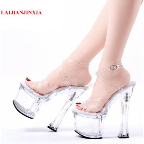 LAIJIANJINXIA New Crystal Clear Roman Dance Shoes Big Size 46 Womens Sandals 18 Cm Super High Heeled Shoes Models Party Shoes