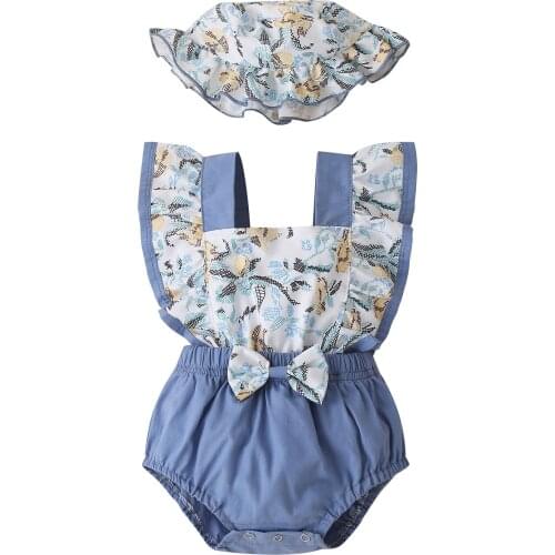 Newborn Baby Girls Summer Rompers Outfits Ruffle Sleeves Cartoon Print Bowknot Romper with Hat Set Cute Outfits