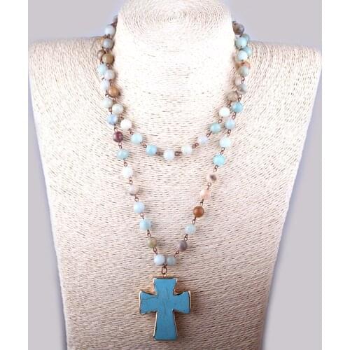 MOODPC Fashion Bohemian Tribal Artisan Jewelry Rosary Chain Amazonite Stones Cross Necklace