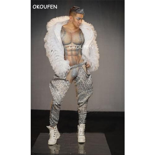Male model plays catwalk show Dj Ds clothing bar nightclub sexy fake meat jumpsuit jacket stage show costume