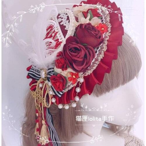 Original Handmade lolita Headwear Small Top hat red Rose Flower Lace feather Wedding Elegant Small flat hat Tea Party Cosplay
