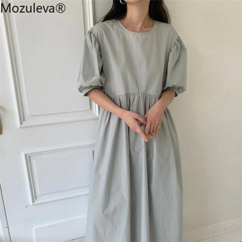 Mozuleva 2021 Women Summer Dresses Solid Multi Colors High Waist Casual Puff Sleeve Pockets Loose Fold Long Dress White Dress