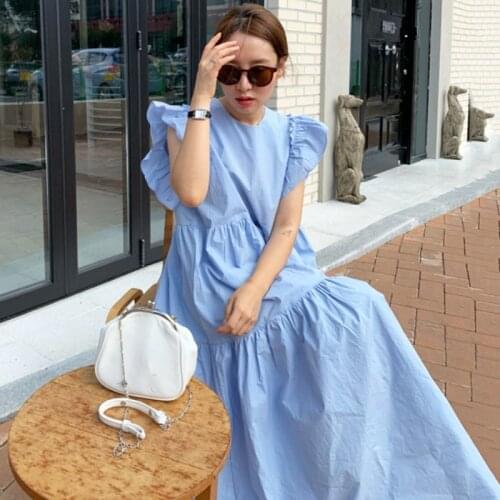 Chic Korean Summer Casual Gentle O Neck Ruffles Pleated Patchwork Loose White Big Swing Flying Sleeve Dress Women Vestido