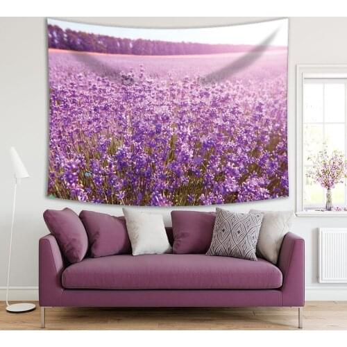 Field of Tapestry Lilac Lavender Herbal Blooming Flowers horse Sunset Nature Scenery Picture Printed