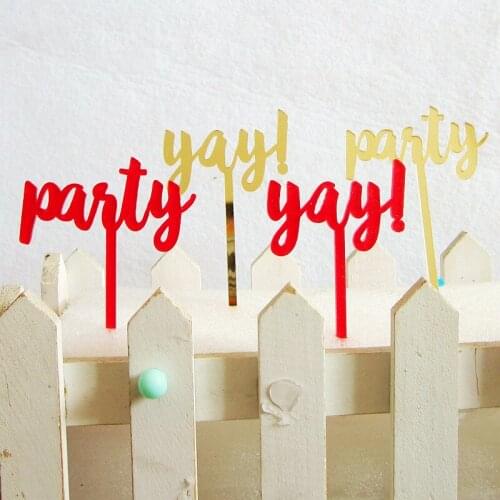 Lovely Mini Acrylic Yay Party Cake Flag Topper Gold Red Cake Flags For Wedding & Anniversary Party Cake Baking Supplies