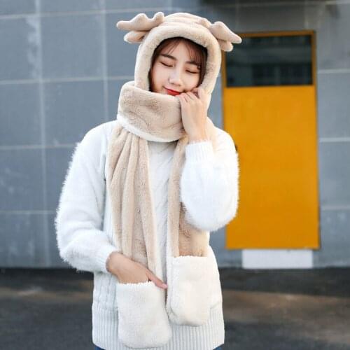Korean-style Winter Adult Cute Antlers Double Layer Thick Hat Scarf Gloves One-piece 3pcs Set
