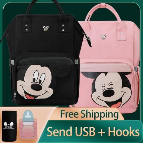 Disney Diaper Bags Mickey Mouse Baby USB Mommy Bag Large Capacity Mommy Bag for Baby Fashion Mom Baby Travel Stroller Hooks Bag