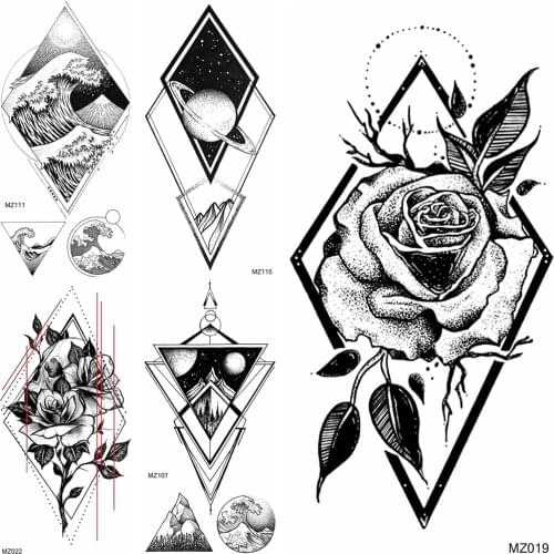 Geometric Flower Temporary Tattoos Sticker Realistic Fake Wave Planets Tattoos Black Waterproof Body Art Tattoos For Women Men