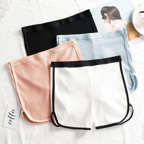 Japanese Women Skinny Safety Shorts Thread Ribbed Knit Sleep Lounge Sports Pants Mid Rise Side Slit Solid Color Underpants