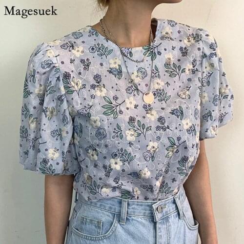 Floral Blouses Korean Elegant Printed Shirts Vintage Puff Short Sleeve Summer Women Female Chic Ladies Tops Blusas Mujer 14907