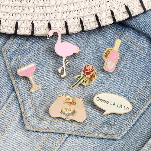 Flamingo Wine Bottle Cup Rose Flower Heart Shape Cartoon Brooch Pins Collar Bag Jackets Enamel Brooches Jewelry For Women Girl