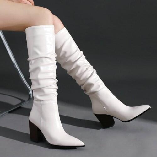 2021 Autumn Fashion Pleated Knee High Boots Women Boots Pu Leather Square High Heel Long Boots Winter Woman Shoes Black Beige