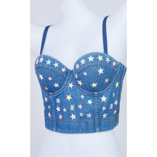 2021 New Women Denim Camisole Handsewn Sequined Five-Pointed Star Beaded Crop Top Bustier Bra Night Club Party Tank Tops Y765