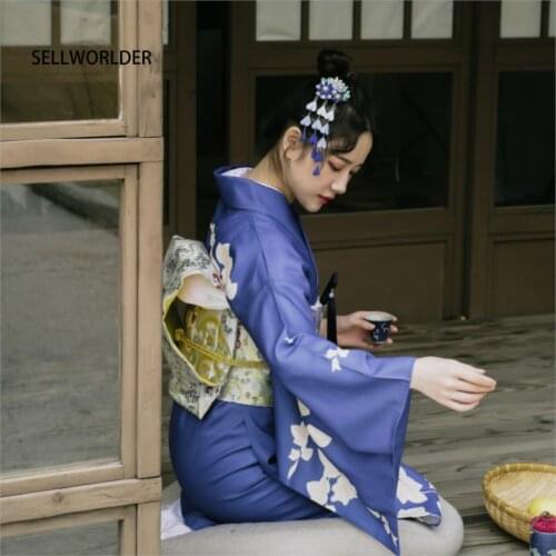 2019 Autumn retro Japanese Kimono Style yukata Girl SELLWORLDER blue dress Woman flower print Long Dress with handbag