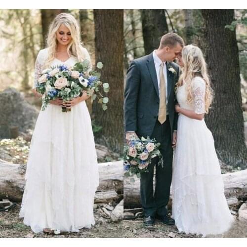 2021 Country Bohemian Wedding Dresses Cheap Lace Modest V Neck Half Sleeves Bridal Gowns Plus Size wedding gown arden Forest