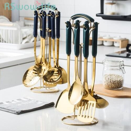 7Pcs Kitchen Gadgets Ceramic Handle Stainless Steel Cooking Tools Kitchen Utensils Set Cooking Spoon Shovel Kitchen Tools
