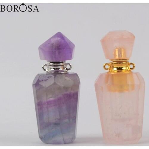 BOROSA 2Pcs Natural Stone Connector Rainbow Fluorite Rose Quartzs Perfume Bottle for Necklace Women Jewelry WX1200