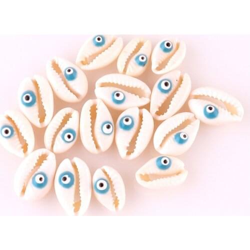 10x Natural Shell Loose Beads Bracelet Enamel Blue Evil Eye Puka Cowrie Shell Beads for DIY Bracelet Jewelry Making 23170