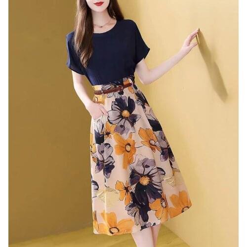 One Piece / Suit 2021 Fashion Round Neck Short Sleeve Lady Womens Chiffon Floral Skirt Suit Dress Temperament Genuine Factory
