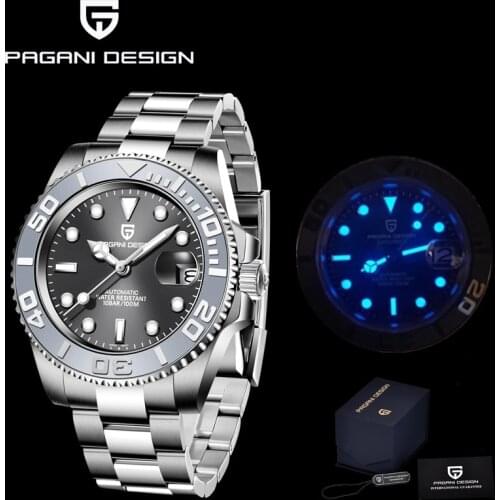 PAGANI DESIGN Mens 40MM Mechanical Sports Watch Ceramic Bezel Stainless Steel Sapphire Glass 100M Waterproof Clock Reloj Hombre