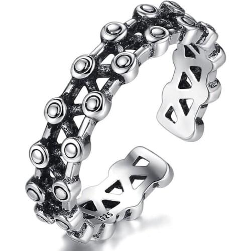 Black Beaded Punk Vintage Stackable Adjustable Thai Silver Color Ring For Women Mens Korean Simple Tibetan Jewelry S-R2197