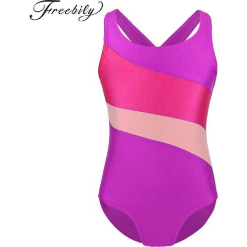 Kid Girls Professional Ballet Leotard Color Block Flower Petal Shaped Back Child Gymnastics Leotard Ballerina Exercise Bodysuit