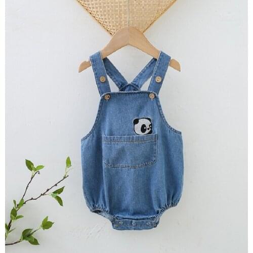 Toddler Baby Girl Denim Bodysuit 2021 Autumn New Cartoon Embroidery Sleeveless Romper for Newborns Cotton Kids Clothes Boys 0-3Y