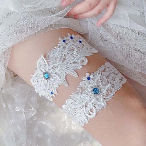 Elegant Bridal Blue Alloy Gemstone Lace Elastic Garter Sexy Thigh Ring Prom Cosplay Bridesmaid Dress Wedding Accessories