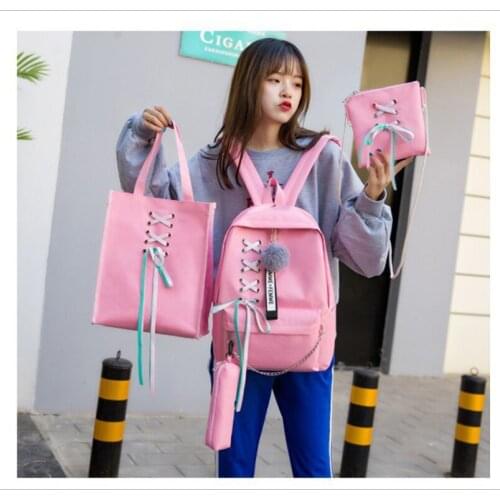 4Pcs/Set Ribbon Chain Bowknot Letter Mochila Canvas Backpack Travel Rucksacks Leisure Backpacks For Teenage Girls School Bagpack