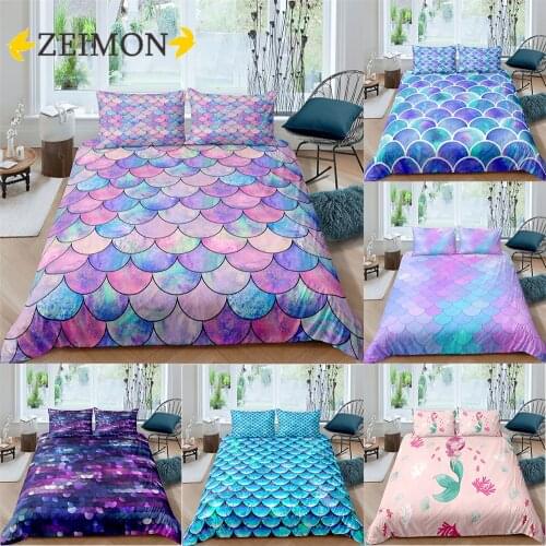 ZEIMON 2/3Pcs Fish Scales Bedding Set Colorful Mermaid Scale Bedding Quilt Cover with Pillowcase Queen Kids Girls Dropship