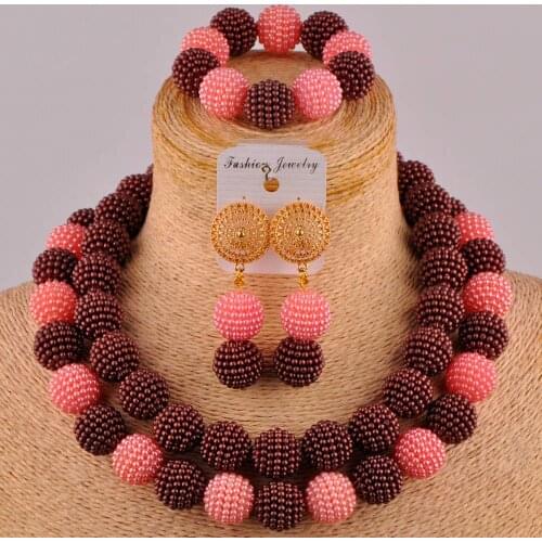 Brown and peach nigerian wedding african beads jewelry set simulated pearl FZZ100