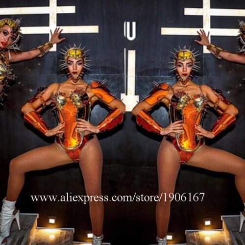 Gold Color Robot Armor Stage Dance Costumes Model Dress Wears Female Rivet Outfits Helmet Show Bodysuit DJ DS Clothes Party Bra
