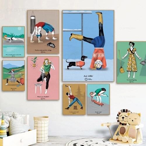 Cartoon Figure Sport Poster Swimming Stretching Skateboard Motion Yoga Boxing Canvas Painting Gym Room Decoration Wall Artwork