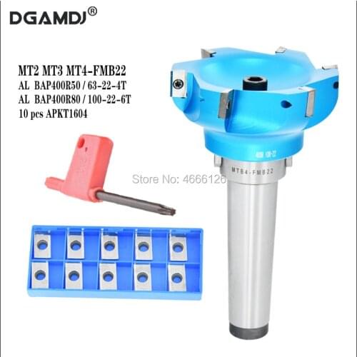 Set MT2 MT3 MT4 FMB22 tool holder+BAP400R50 63 80 100 22 4T 6T milling cutter head+10pcs APKT1604 aluminum machining inserts