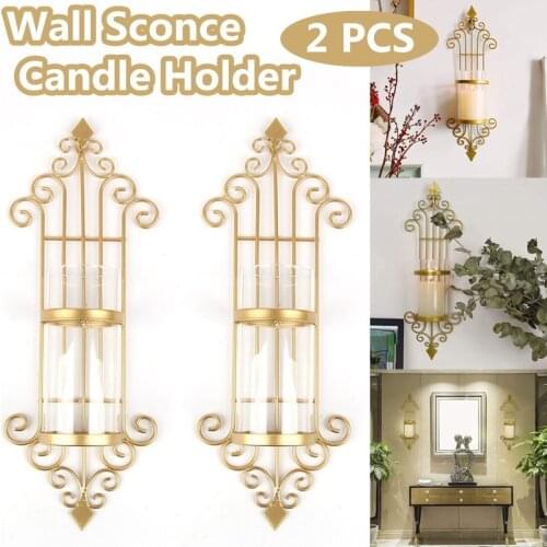 2 Pcs Wall Sconce Candle Holder Retro-Style Golden Metal Wall Art Decorations for Living Room Bathroom Dining Room