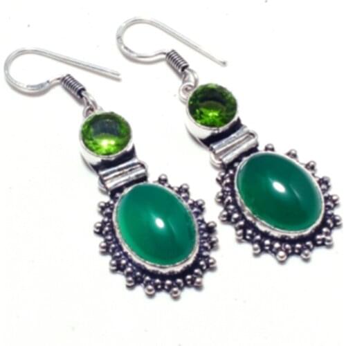 Genuine Green Onyx + Peridot , Silver Overlay on Copper Earrings ,Hand made Jewelry Gift