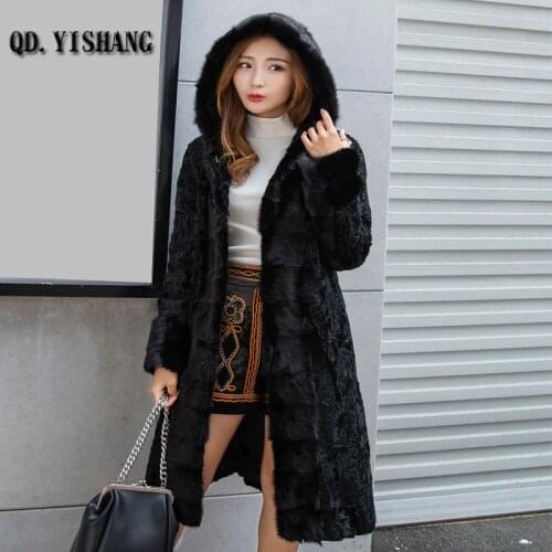 New Karakul and Mink Fur Coat Mid-Long Hooded Lady Coat QD.YISHANG Factory direct sales With Fur Hood