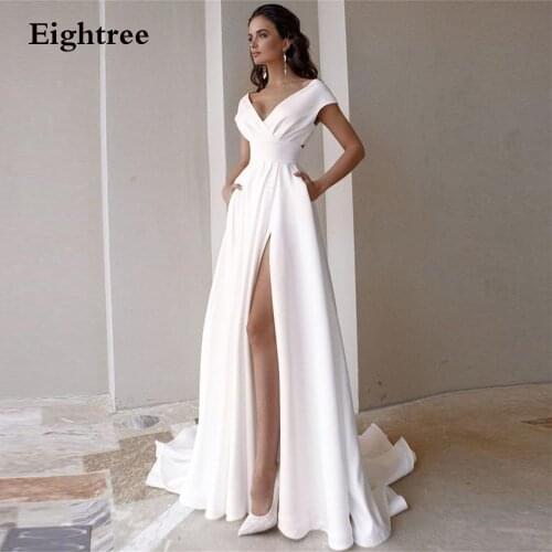 New Simple V Neck A Line Long Off Shoulder Wedding Dresses Floor Length Soft Short Slit Sleeves Bride Formal Party Gowns Dress