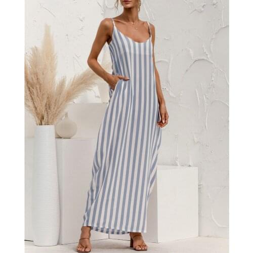 Spaghetti Strap Striped Backless Long Dress Casual Summer Women Loose Sexy V Neck Home Holiday Beach Vacation 2021 Maxi Dresses