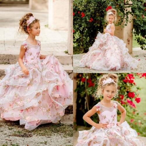 Pink 3D Floral Flower Girl Dresses For Wedding Beaded Appliqued Ruffles Toddler Girls Pageant Dress Kids Formal Wear Prom Gowns